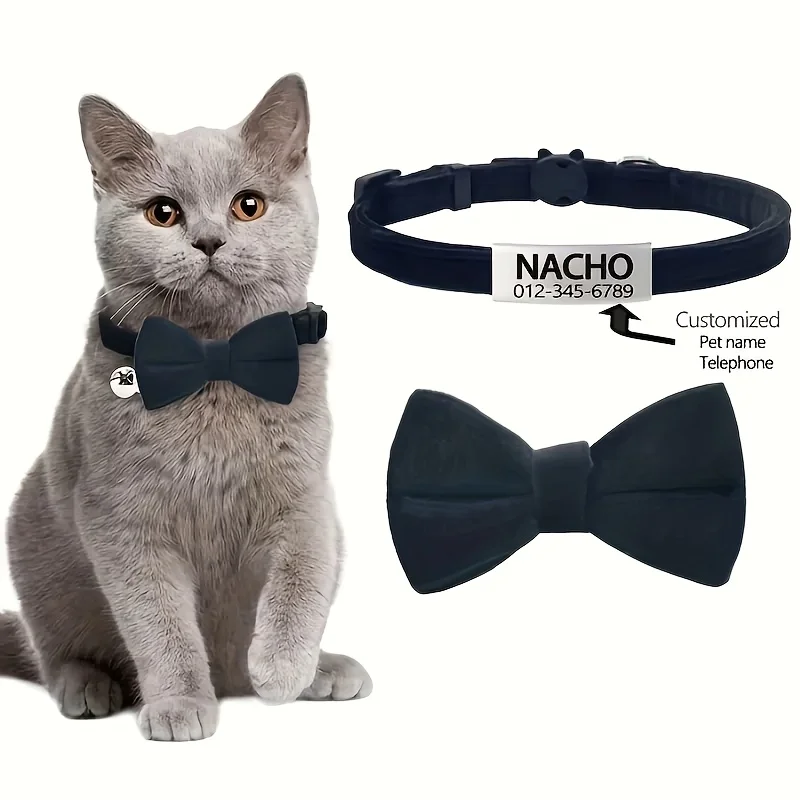Collar pajarita gato personalizable con etiqueta grabada y campana