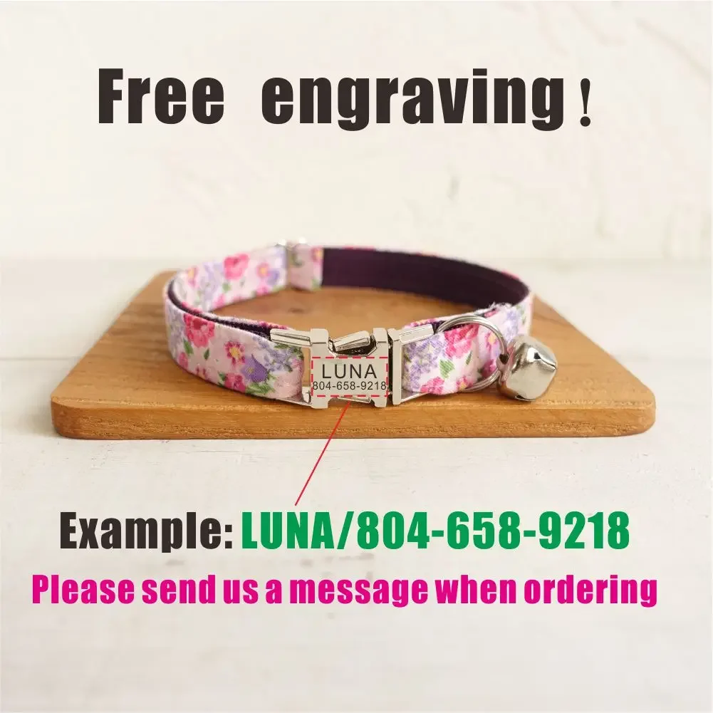 Collar de gato personalizado con grabado gratuito, correa para mascotas a juego, hebilla de Metal de contactos personalizados, Collar pequeño para mascotas con flores moradas - imagen 4