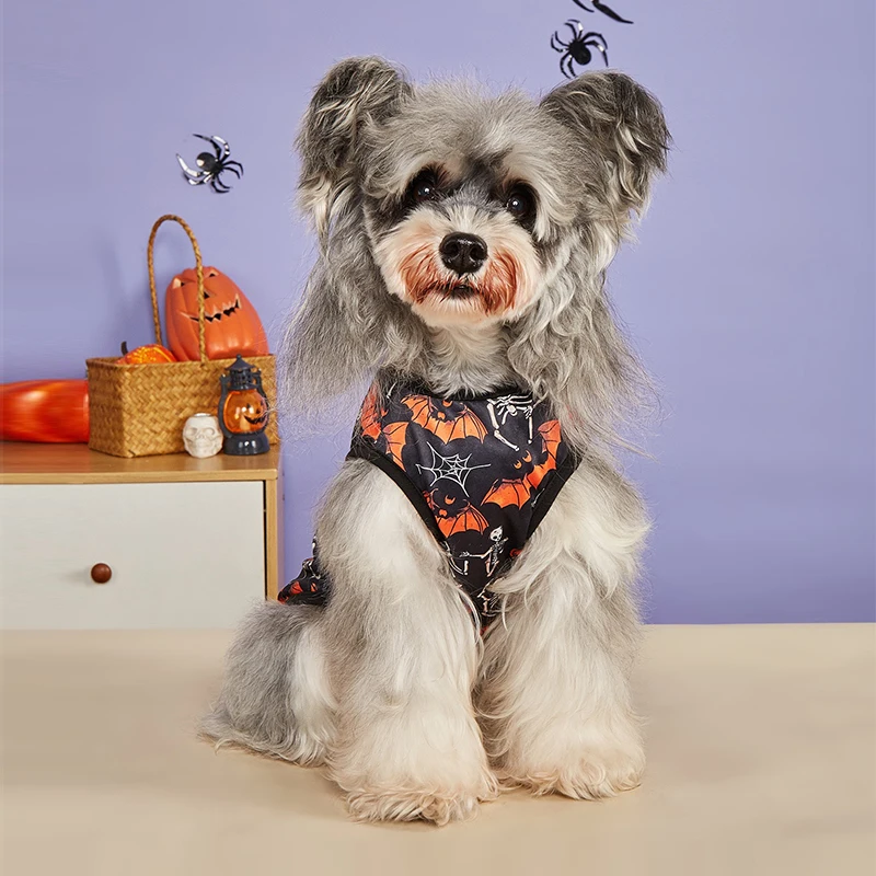 Chaleco de perro Cosplay de dibujos animados, camiseta con estampado completo de calavera y calabaza para fiesta de Halloween, ropa divertida para cachorros de mascota Yorkshire maltés - imagen 4
