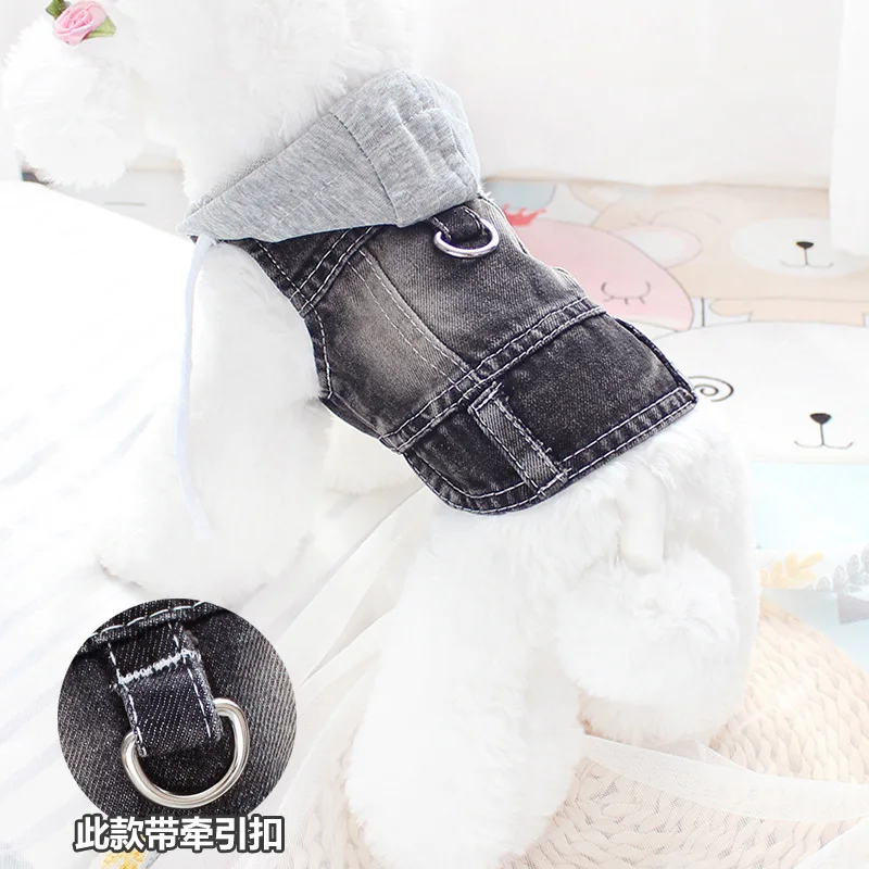 Elegante chaqueta vaquera para perros con anilla en D, acogedora capa con capucha vaquera para primavera/otoño para perros pequeños y medianos, ropa de abrigo para mascotas, ropa para cachorros - imagen 4