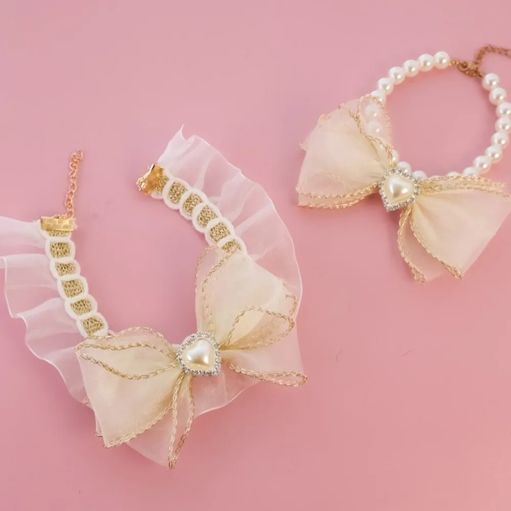 Collar de perla con lazo y toallita para gatitos cachorros elegante - imagen 2