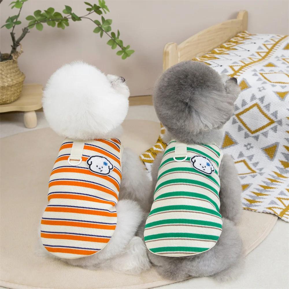 Chaleco clásico a rayas para perros y gatos con anillo de tracción, ropa estampada con cabeza de perro, ropa de verano para mascotas para perros pequeños, gatos, cachorros, caniche, Pomerania - imagen 3