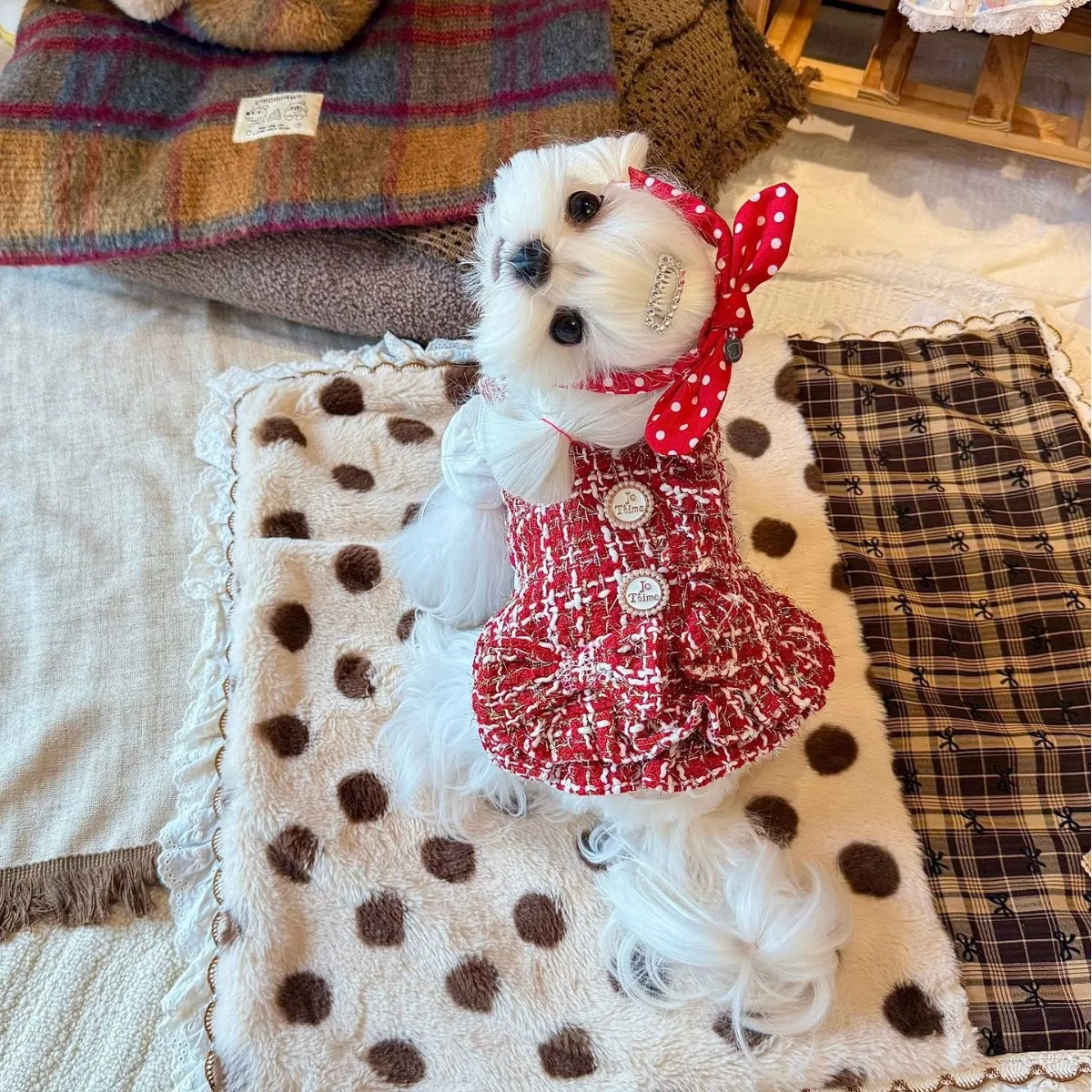 Falda princesa con lazo rojo para perros mini y gatos cálida invierno