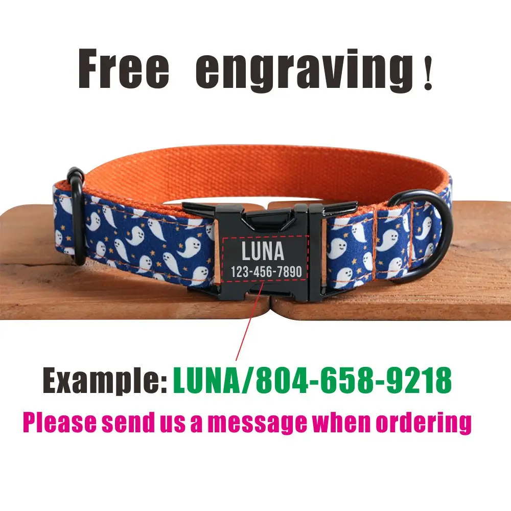 Collar de perro personalizado con grabado gratuito, correa para mascotas a juego, hebilla de Metal de contactos personalizados, Collar de Halloween fantasma blanco - imagen 4