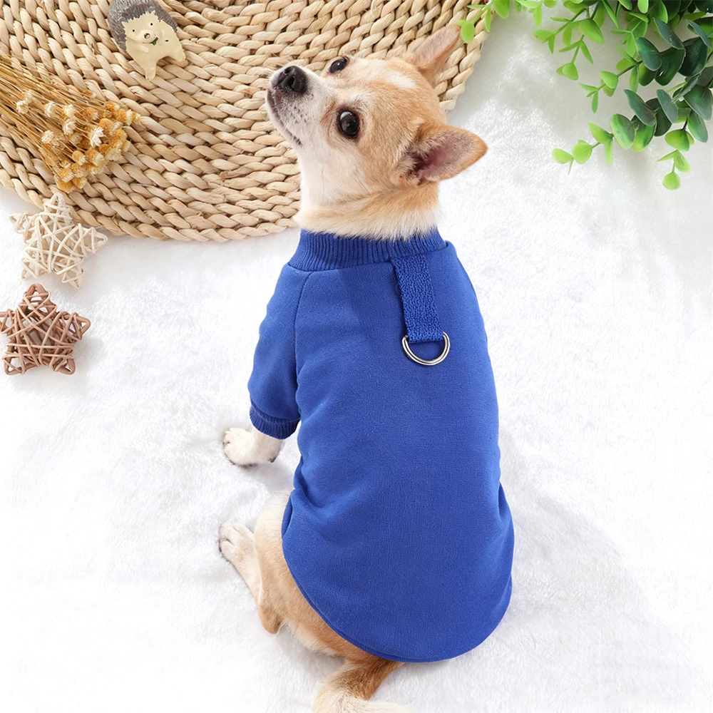 Sudadera de cuello redondo para perros y gatos con anillo de tracción, jerseys para mascotas de otoño e invierno para perros pequeños, sudadera sin capucha para cachorros sólidos - imagen 3