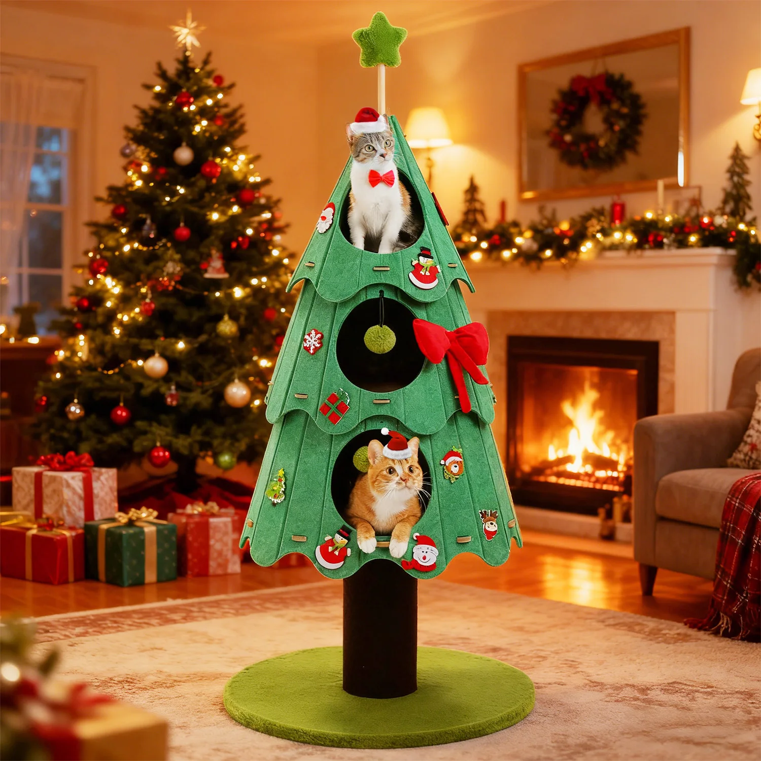 Torre árbol de Navidad para gatos con rascador de sisal – 3 niveles