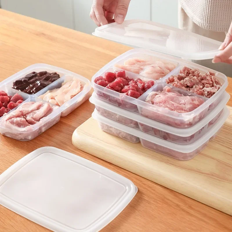 Caja de almacenamiento de gran capacidad para refrigerador, compartimento transparente de cuatro rejillas para carne congelada, alimentos subembalados, 1 unidad - imagen 2