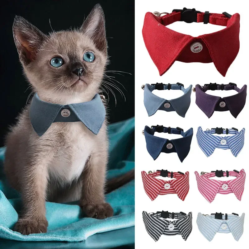 แฟชั่นแมวขนาดเล็ก Tuxedo COLLAR Gato Bowtie Bell DENIM Stripe สัตว์เลี้ยงสุนัข Collier CHAIN สําหรับแมวแมววันเกิดชุดสูทอย่างเป็นทางการ
