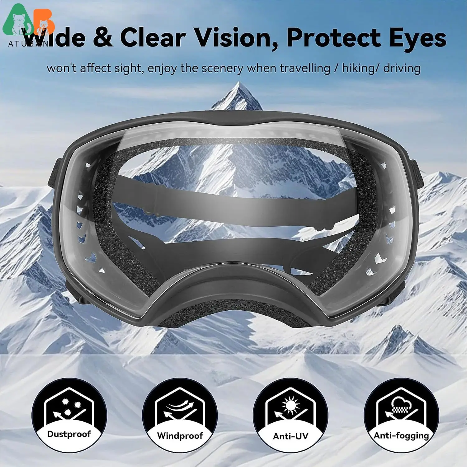 ATUBAN Gafas de sol para perros Protección UV Gafas transparentes para perros Gafas a prueba de viento con correas elásticas para gafas de nieve de razas medianas y grandes