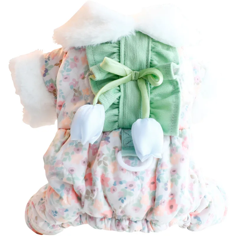 Abrigo de algodón grueso para perro, traje cálido de estilo princesa Floral de tulipán de cuatro patas para perro pequeño de peluche Bichon - imagen 5