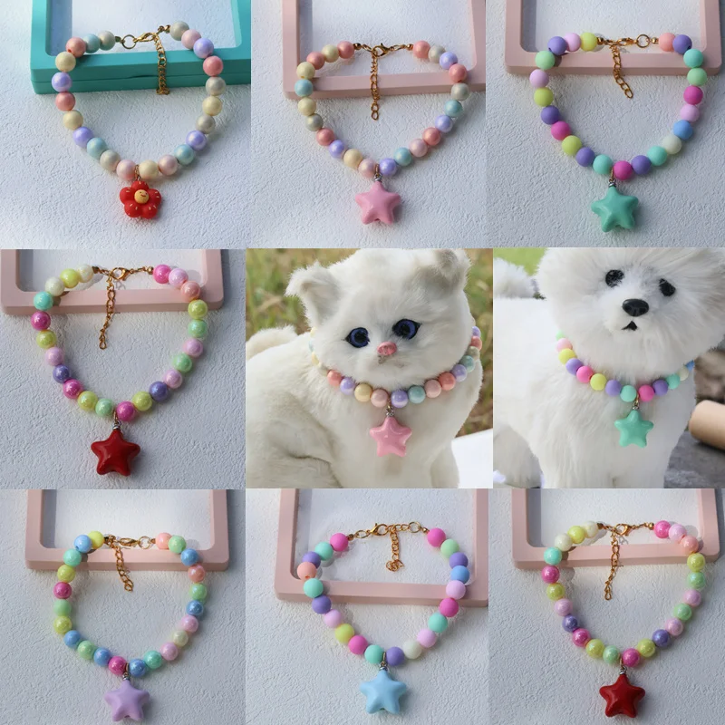 Collar de perro elástico hecho a mano, ajustable, con colgante de pentagrama de flor, cadena de cola de langosta de aleación, Collar para mascotas para gatos - imagen 2