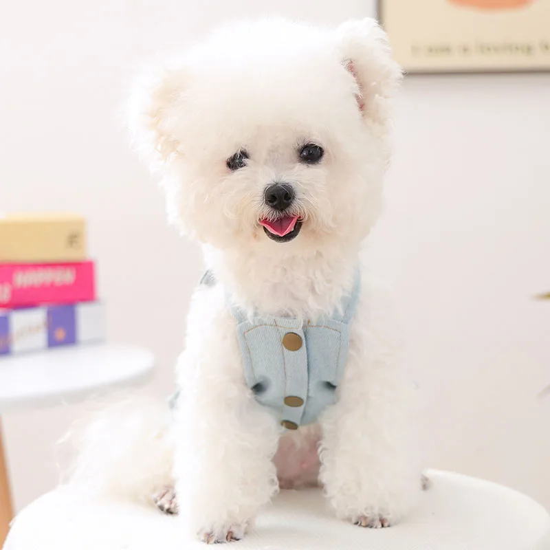 Ropa de lujo para perros, vestidos de tirantes vaqueros para niñas, color azul claro, para perros pequeños, Yorkie, Chihuahua, disfraz para mascotas, cachorro, vestido femenino, falda XS - imagen 5