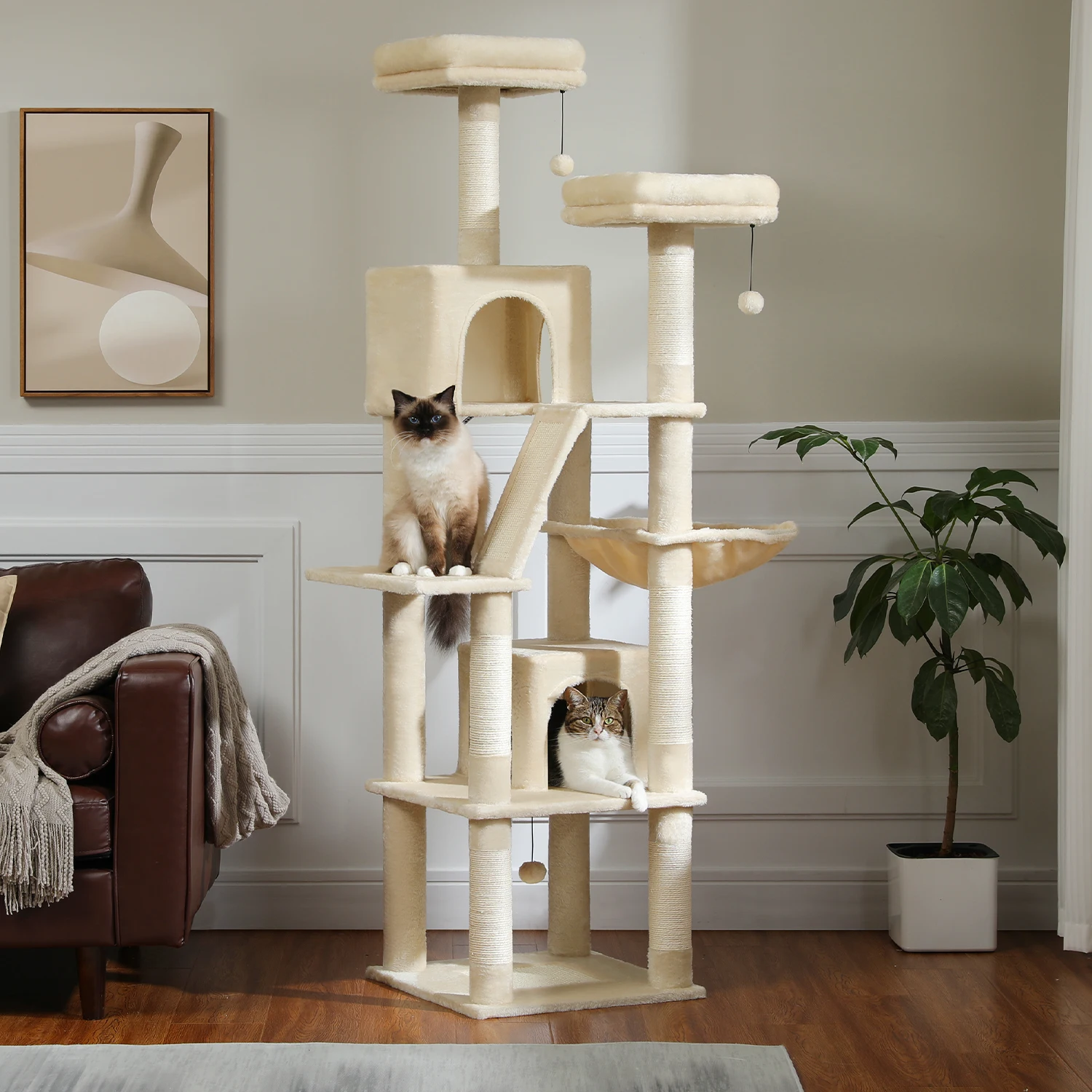 Árbol grande para gatos, torre alta para gatos de interior, Condo de gato de peluche de varios niveles con postes para rascar, tablas para rascar, perchas, cuádruplas - imagen 3