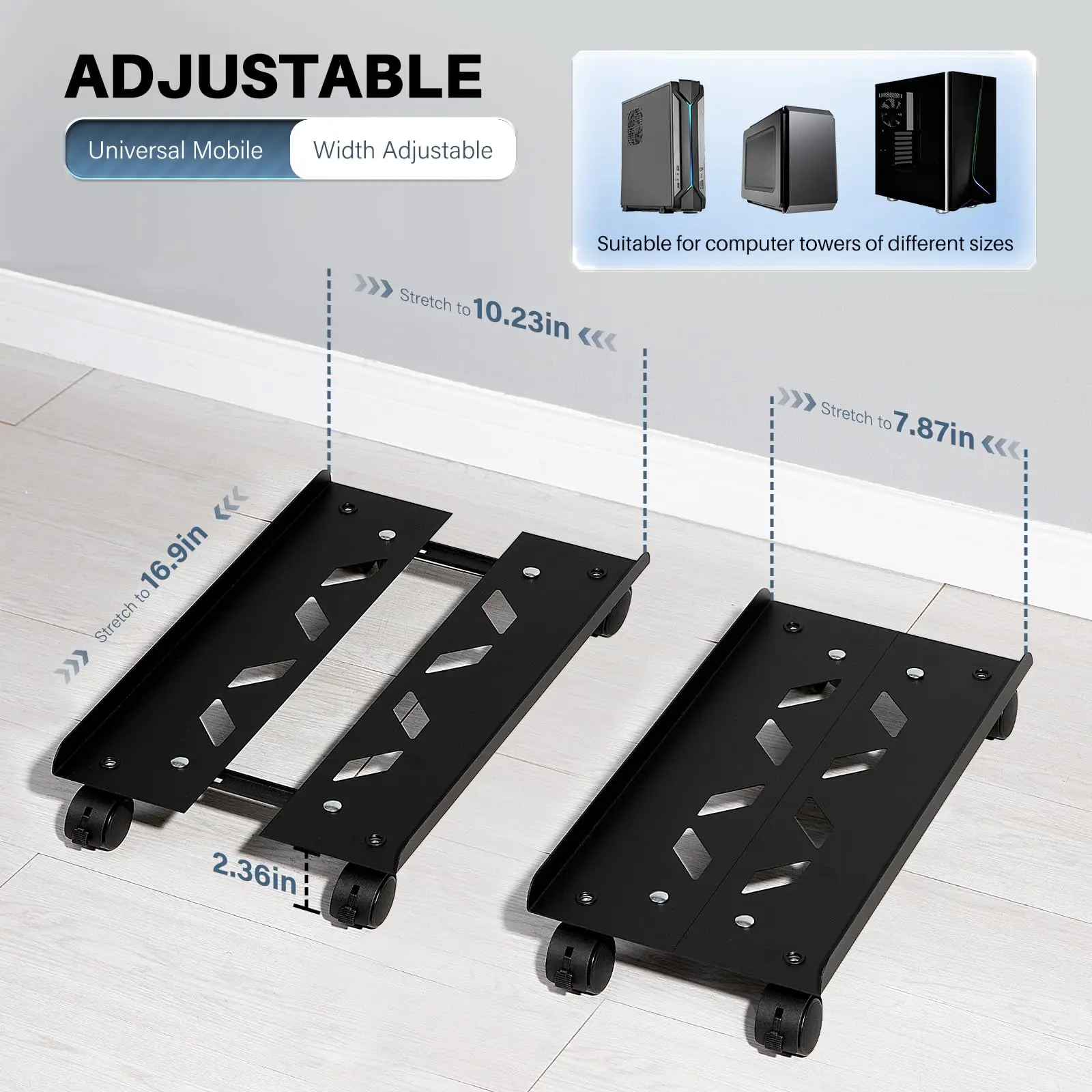 Soporte para CPU móvil con ruedas giratorias, torre ajustable para PC, soporte para CPU, carrito de suelo de acero para PC, elevador de PC, accesorios de escritorio de oficina - imagen 3