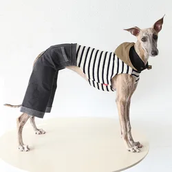 Pantalones portadores de mezclilla finos azules ajustables para perros Whippet, abrigo con mangas a rayas de 4 patas para galgo italiano Wellingtonian