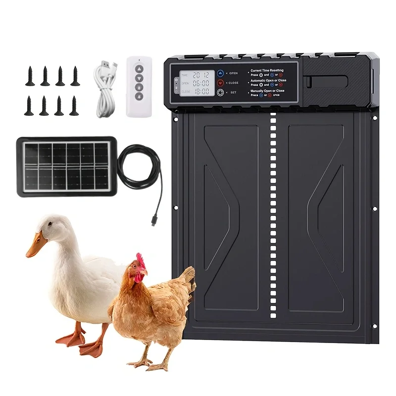 Puerta automática solar para gallinero con temporizador y mando a distancia