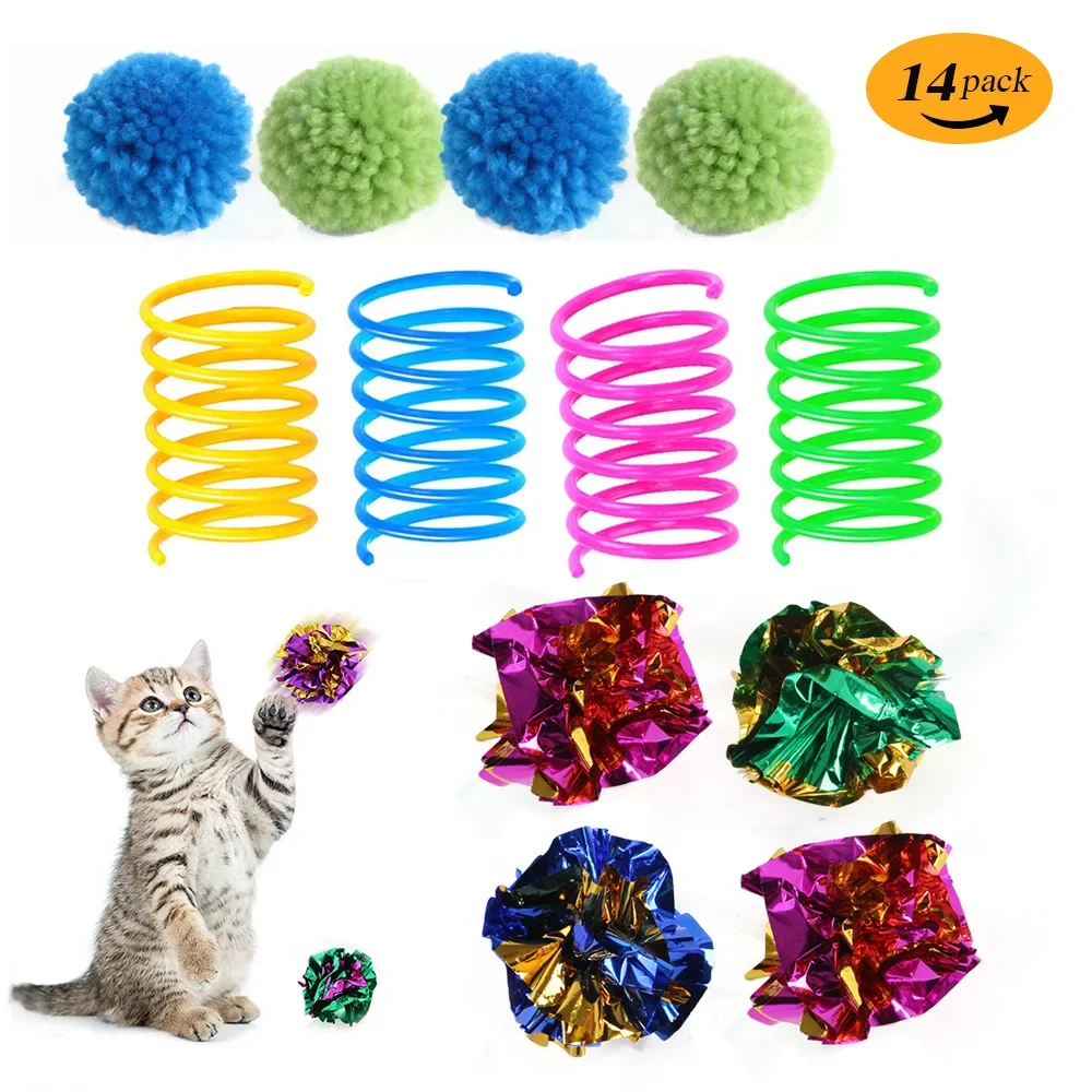 Juego de bolas de pelo de papel de primavera para gato, juguete interactivo para gato, productos para mascotas, accesorios para mascotas, 14 paquetes