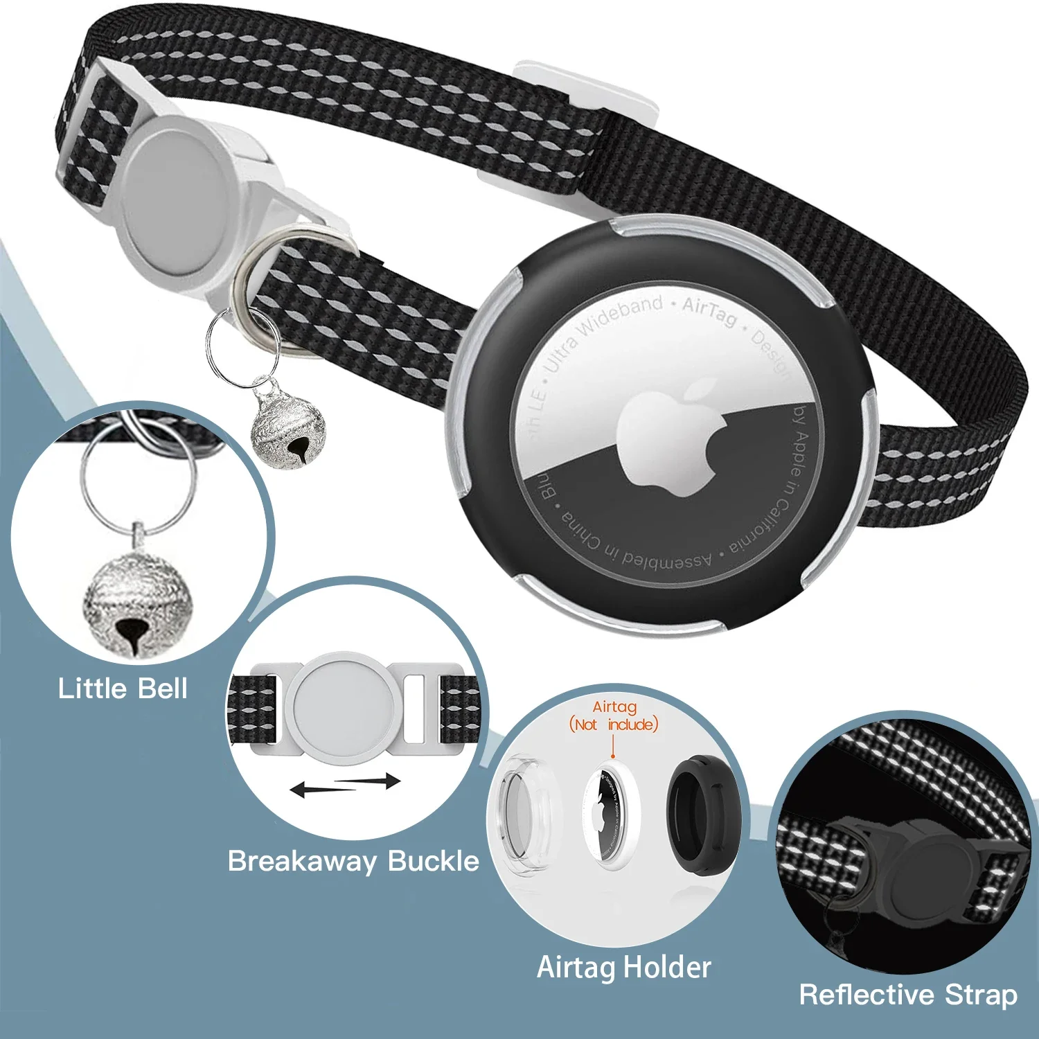 Para Apple Tag Collar de gato Breakaway, Collar de gatito reflectante con etiqueta de aire y campana, hebilla de seguridad ajustable para gatos de niña y niño - imagen 2