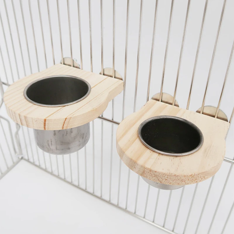 Tazas de alimentación para loros, comedero para pájaros, plato extraíble de madera y acero inoxidable, cuencos de comida con soporte de abrazadera para jaula para animales pequeños - imagen 2