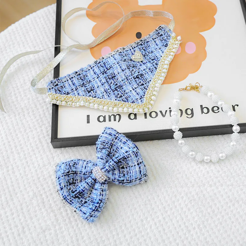 Kit de accesorios para perros azules, vendaje Triangular, horquilla con lazo, Collar de perlas, conjunto para perros pequeños, bufandas, Collar con babero, accesorios para mascotas, productos - imagen 5