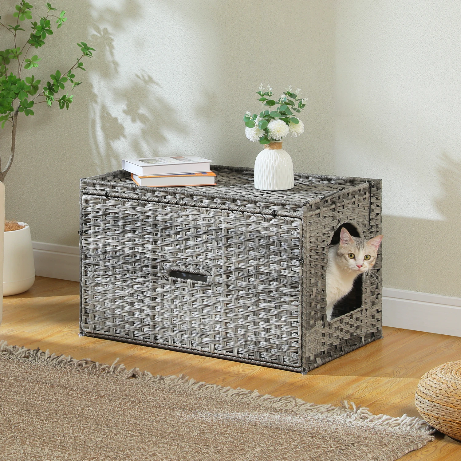 Caja de arena para gatos de ratán, muebles con puerta, caja de arena oculta de ratán tejida a mano, Control de olores para sala de estar, cama para casa de gato