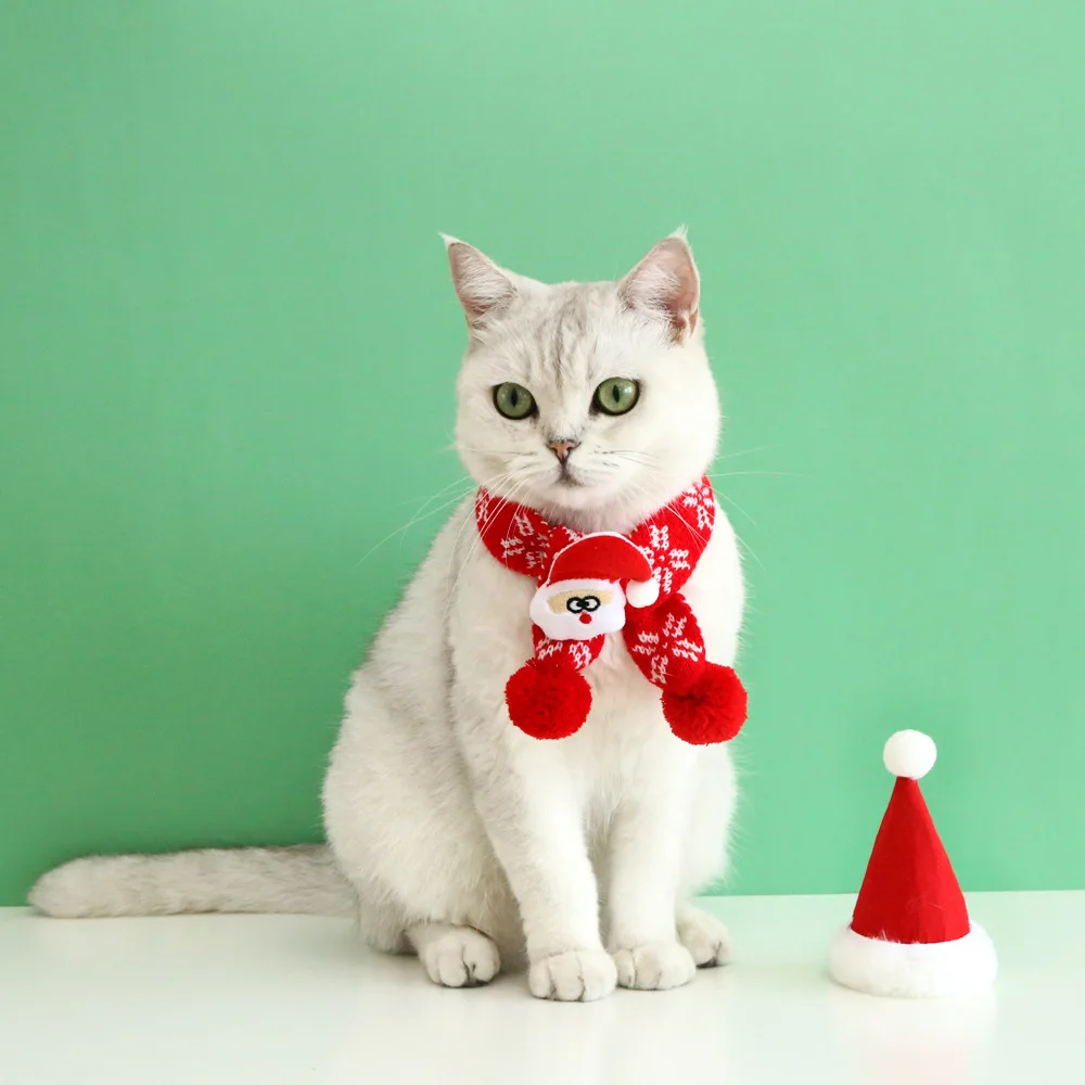 Gato mascota perro de peluche tejido copo de nieve rejilla felpa Santa Claus alce bufanda cálida cuello cachorro accesorios para perros pequeños - imagen 2