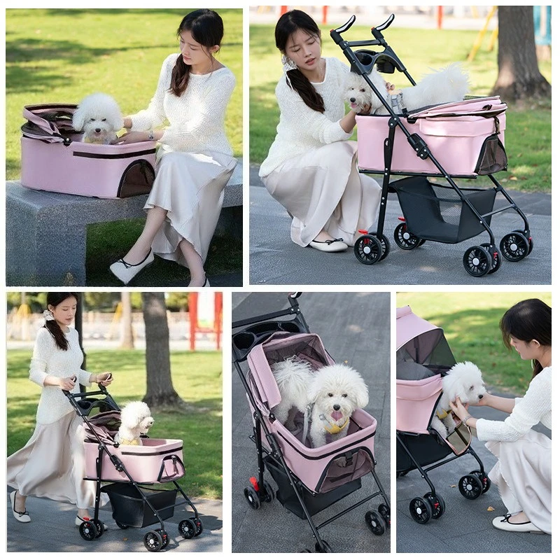 Carrito plegable doble freno para perros y gatos portátil - imagen 4