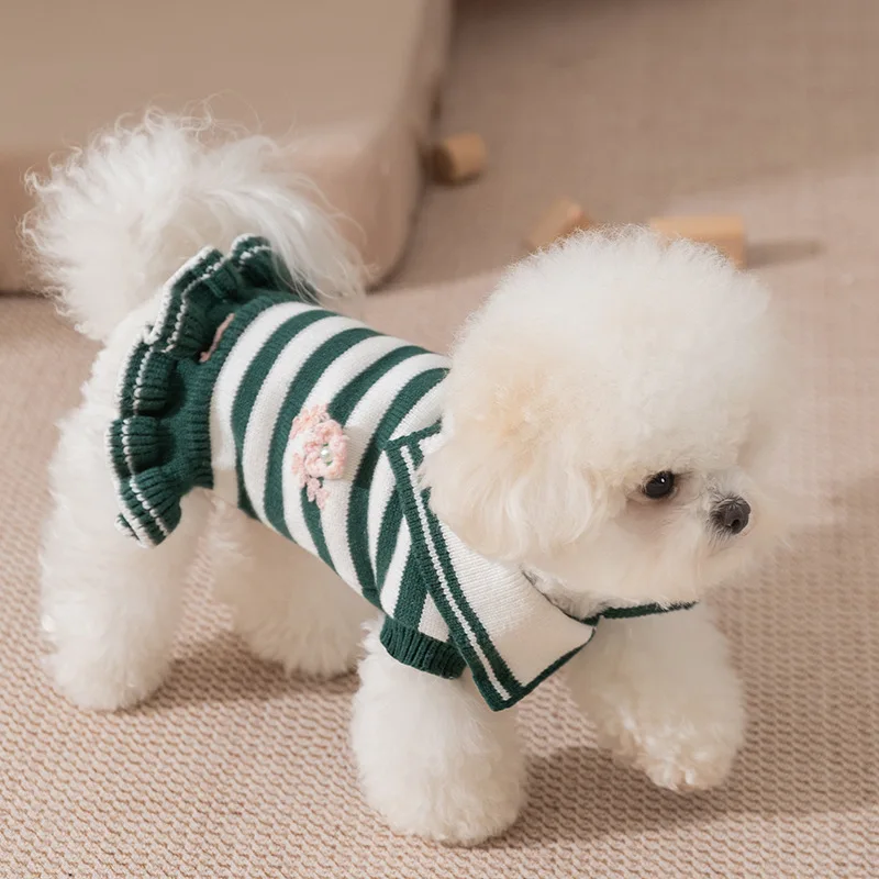 Pet Autumn/Winter Striped Knitted Princess Dress Flower Sweater Dress Pet Coat Dog Clothes for Small Dogs Puppy Clothes - imagen 3