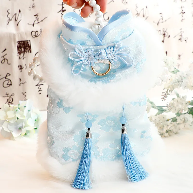 Ropa para perros, ropa de otoño e invierno, ropa gruesa de princesa Tang para gatos, cuello redondo con borlas frescas, suministros para mascotas de peluche para perros pequeños