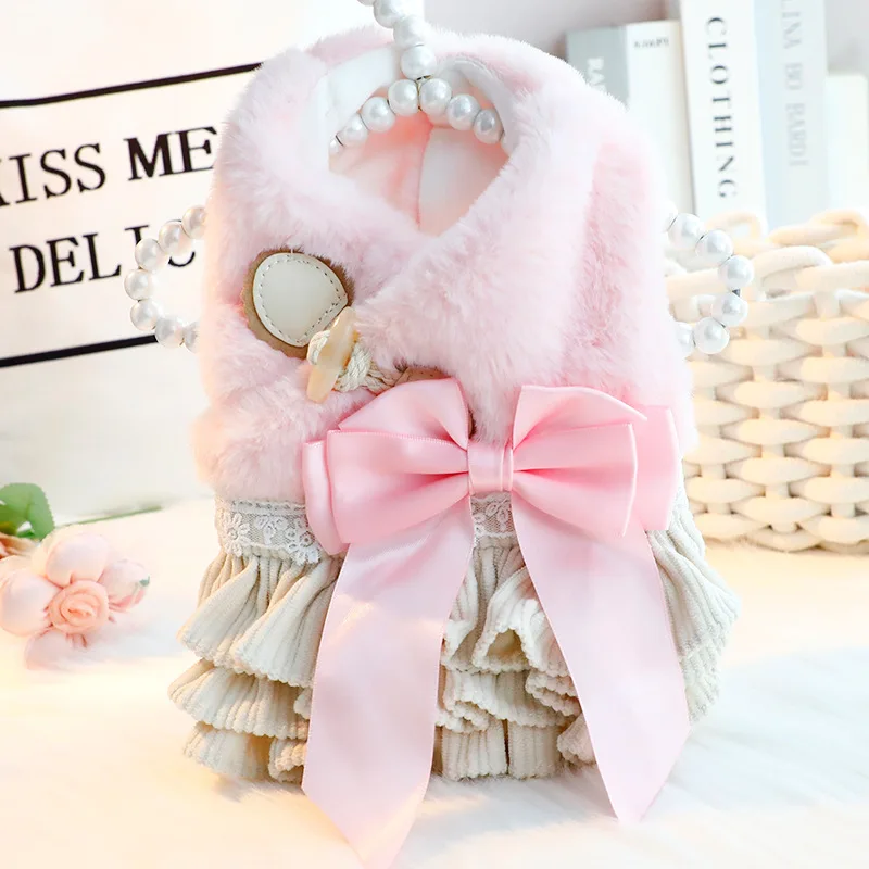 Vestido de princesa para perro de invierno con lazo y adorno de encaje, vestido Formal suave y cálido para perros pequeños, ropa Schnauzer Bichon Chihuahua