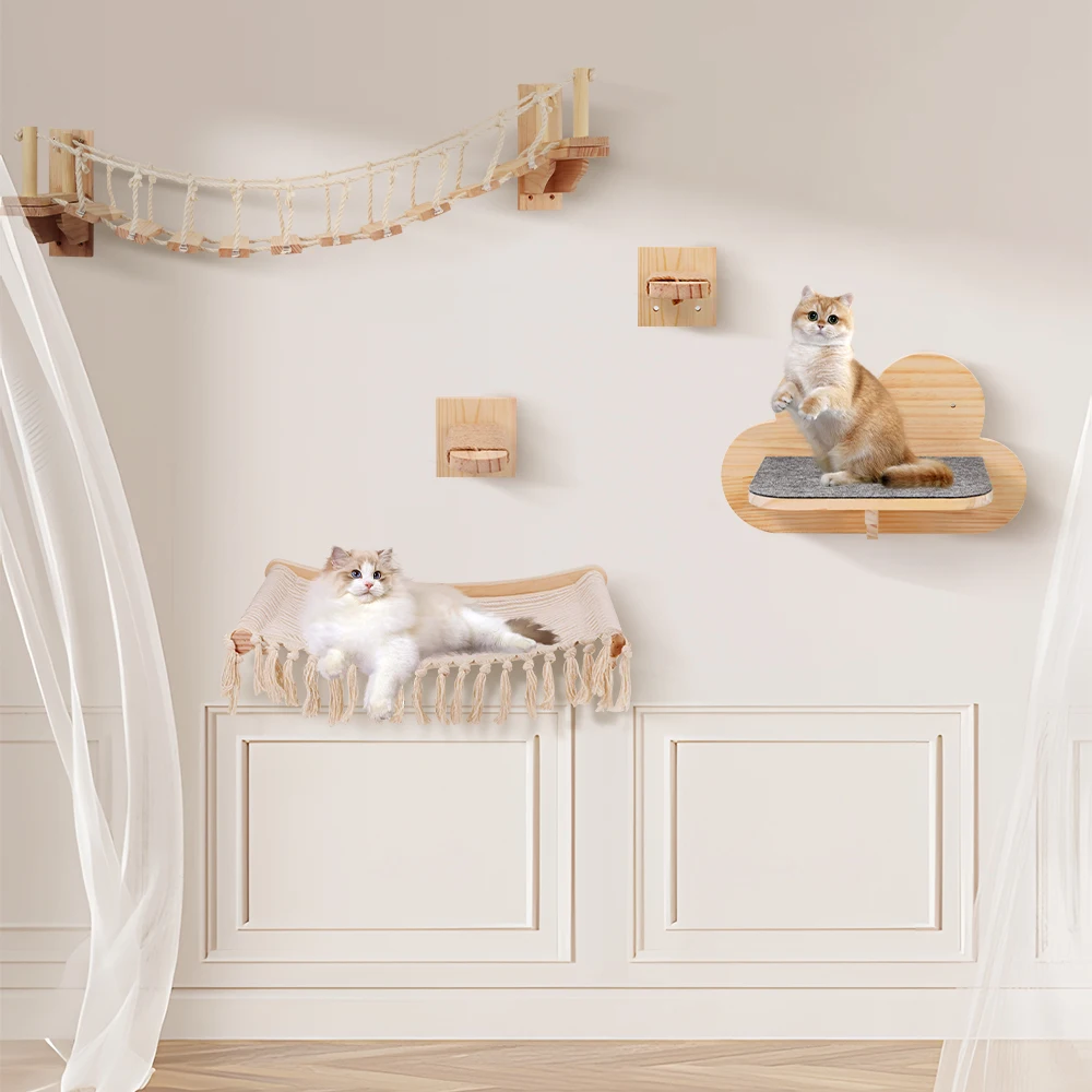 Plataforma de salto para gatos montada en la pared con nubes de fieltro, escalera cilíndrica segmentada curvada para gatos montada en la pared de madera maciza para gatos - imagen 3