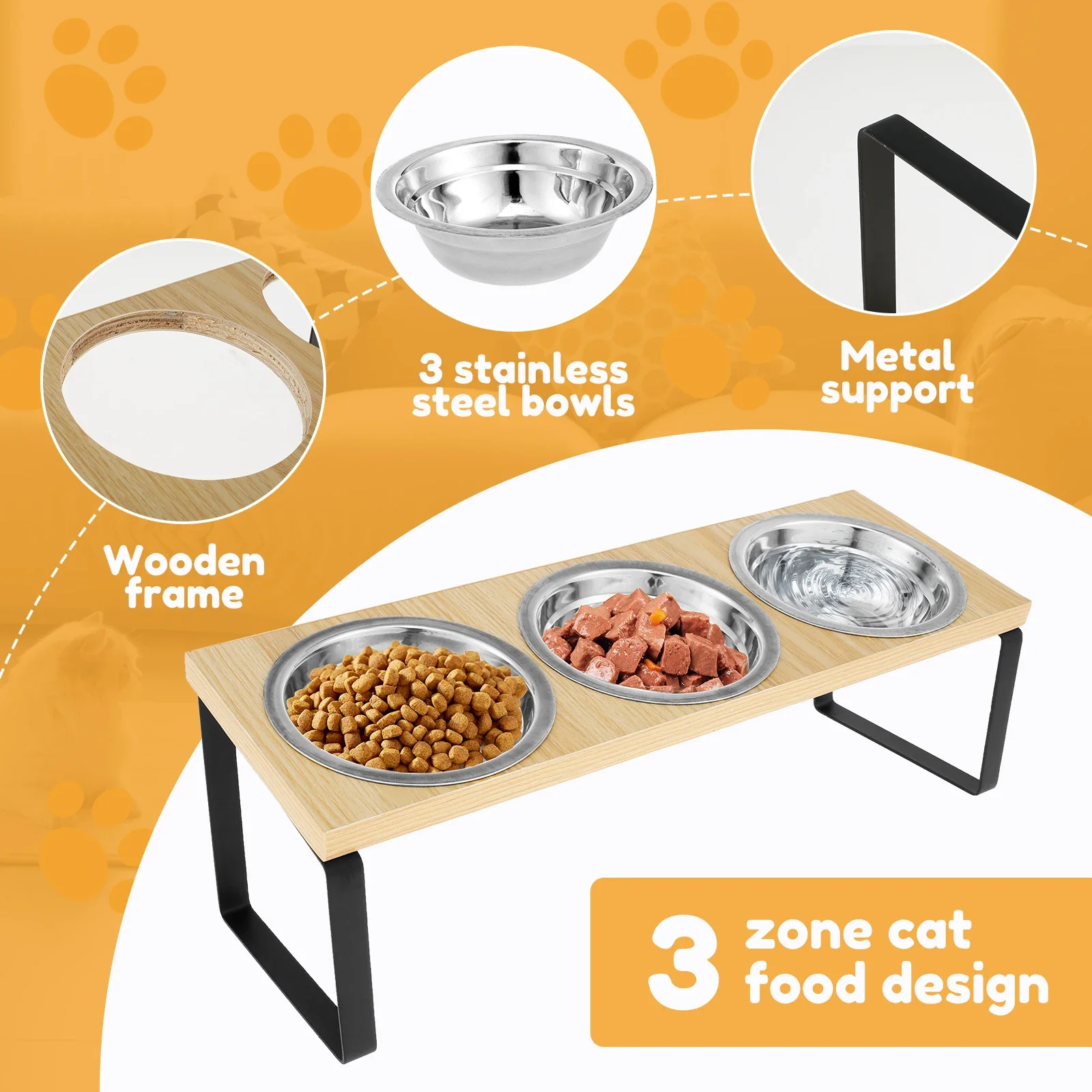 Inclinación 15 °   Cuenco elevado para comida para gatos, 3 cuencos de acero inoxidable, para beber y comer Con soporte de madera Anti-vómitos Adecuado para gatos - imagen 4