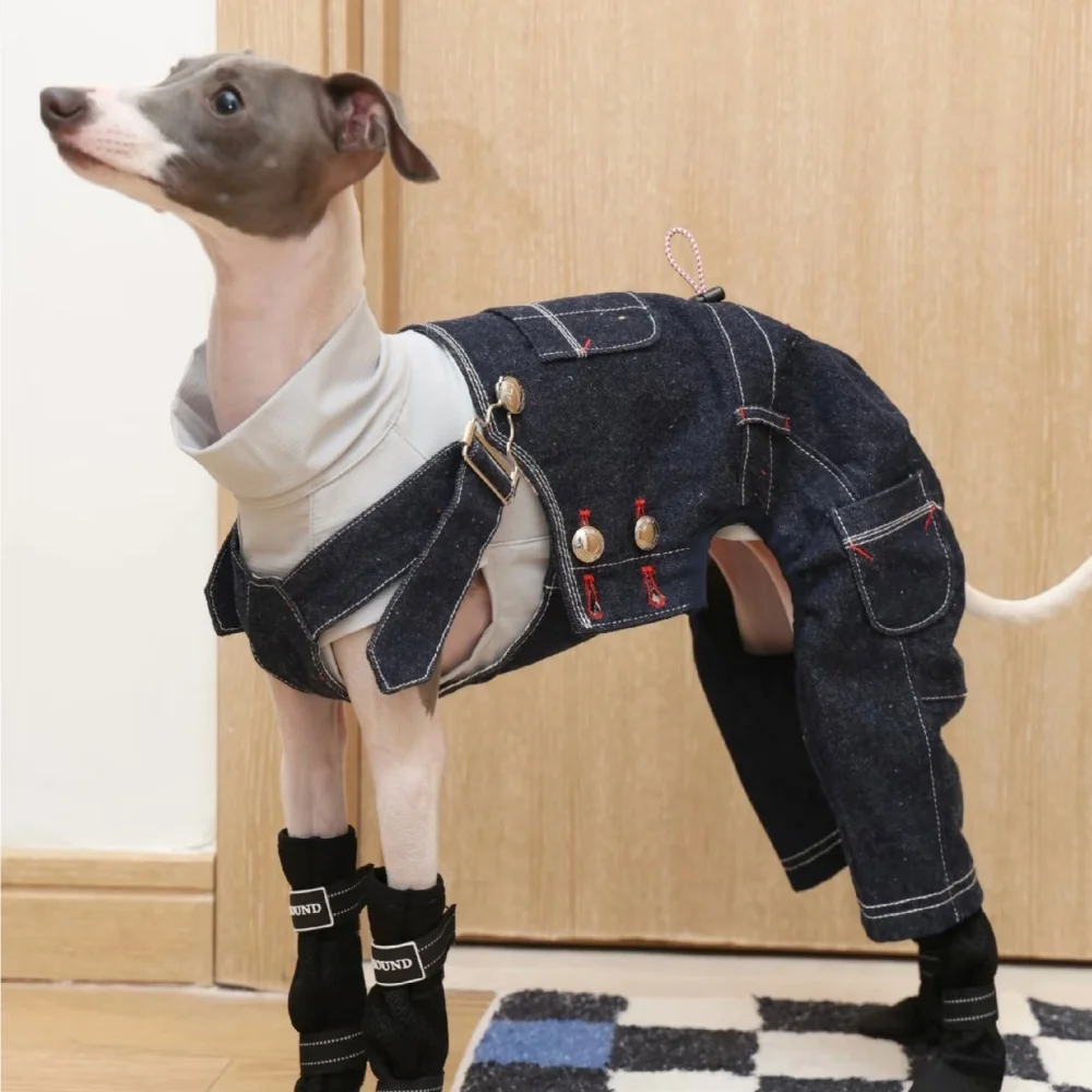 Pantalón con pechera de mezclilla vintage azul de estilo japonés para Bedlington en mono vaquero de algodón con puntos lavados en primavera para perros galgo italiano