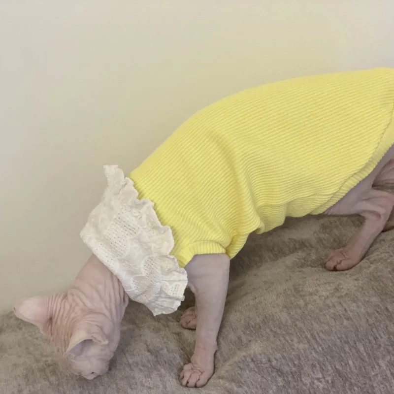Ropa para una gata en primavera amarillo verano rosa camiseta de algodón dulce sin mangas con cuello de encaje para Devon Rex Hairless Cat Producto - imagen 5
