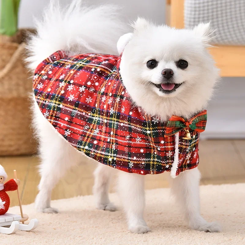 Abrigo rojo a cuadros para mascotas, traje de Navidad para perros transformados en gato, capa de felpa navideña, ropa para perros pequeños, ropa para cachorros - imagen 3