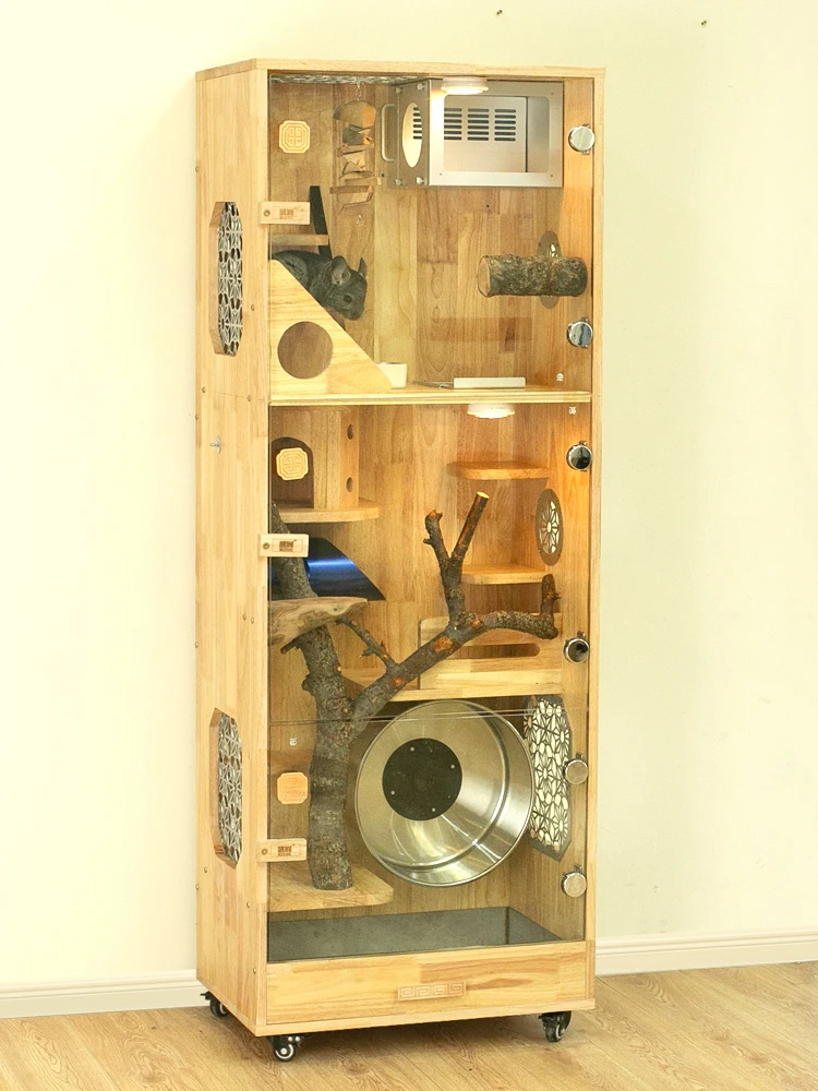 Casa de madera de Chinchilla de lujo, Villa, Castillo de gran tamaño, hogar para mascotas con gabinete, nido de hielo de madera maciza, jaula de refrigeración para el hogar