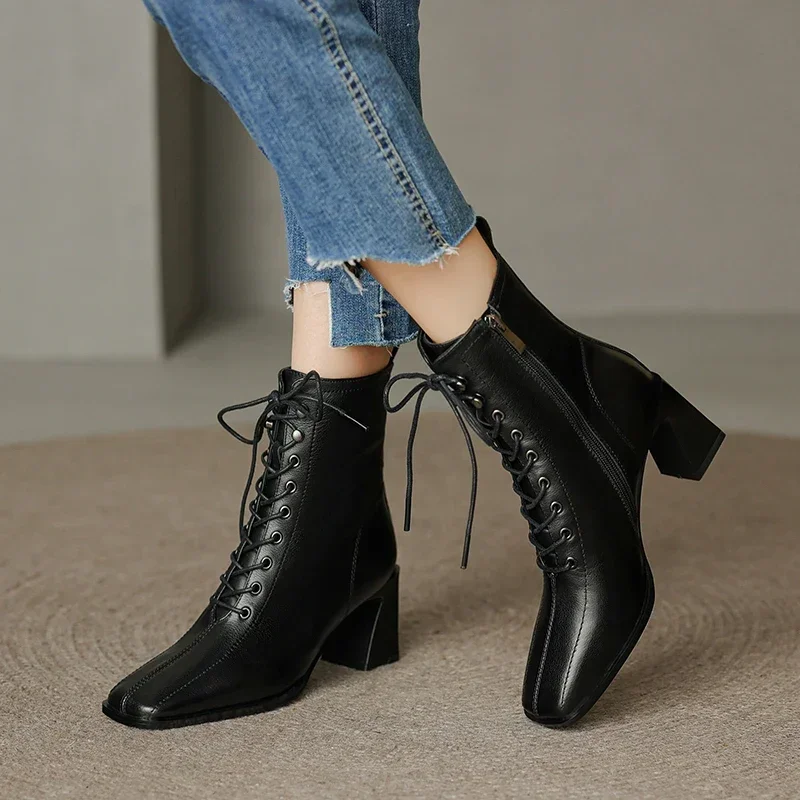 Botines de tacón Retro para mujer, botas cortas con punta cuadrada de diseñador, botas Chelsea informales con cremallera, zapatos de tacón elegantes para mujer - imagen 3