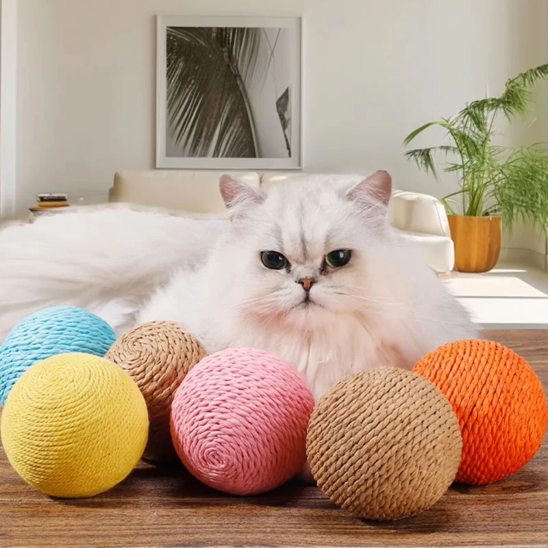Bola interactiva de Sisal para rascar gatos, juguete para gatos, bola rodante para limpieza de dientes de gatito, juguete de plumas antimordeduras, suministros para mascotas - imagen 4