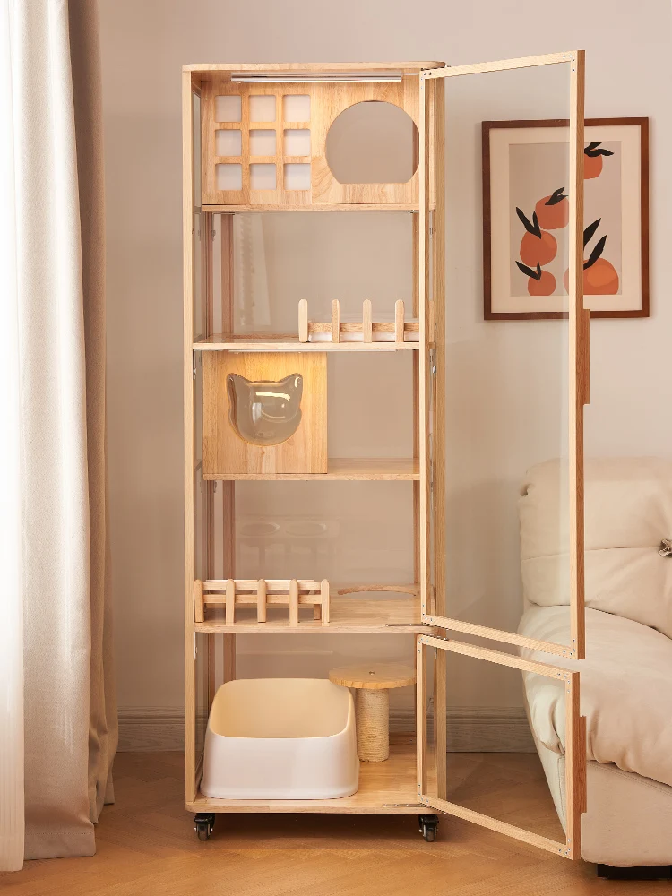 Villa panorámica de madera maciza para gatos, jaula para gatos, gabinete de lujo, habitación de vidrio para mascotas, hogar, no ocupa - imagen 5