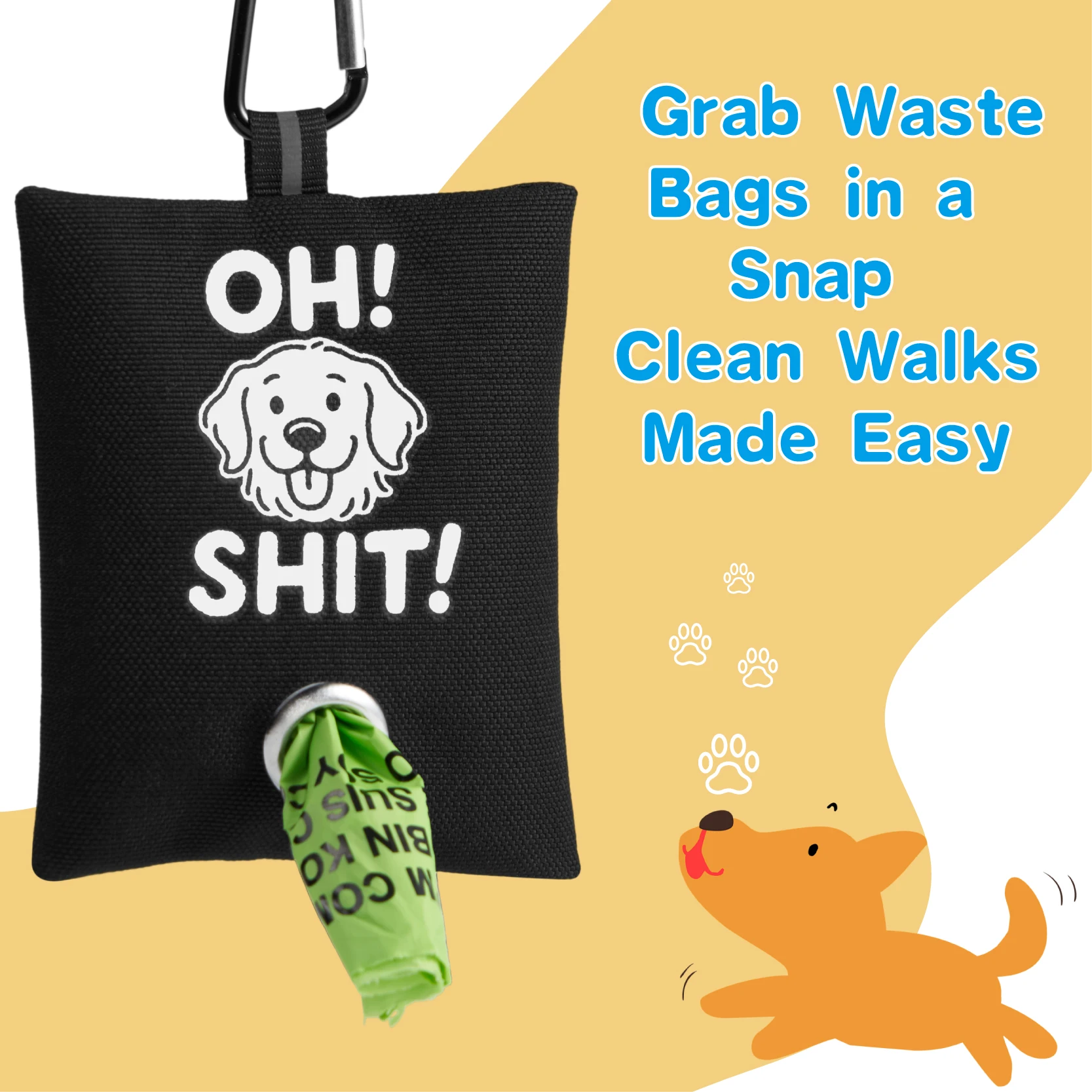 Soporte para bolsa de caca de perro divertido, con 2 bolsas, diseño OH SHIT, correa con Clip de Metal, dispensador de residuos, manos libres, tela Oxford duradera, 1 ud. - imagen 3