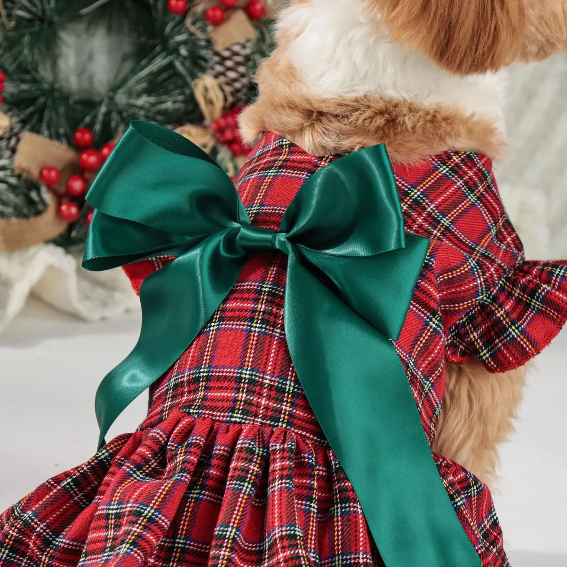 Ropa navideña para perros, falda larga clásica a cuadros con lazo, vestido de fiesta de Navidad, ropa para mascotas, vestidos para perros pequeños - imagen 4