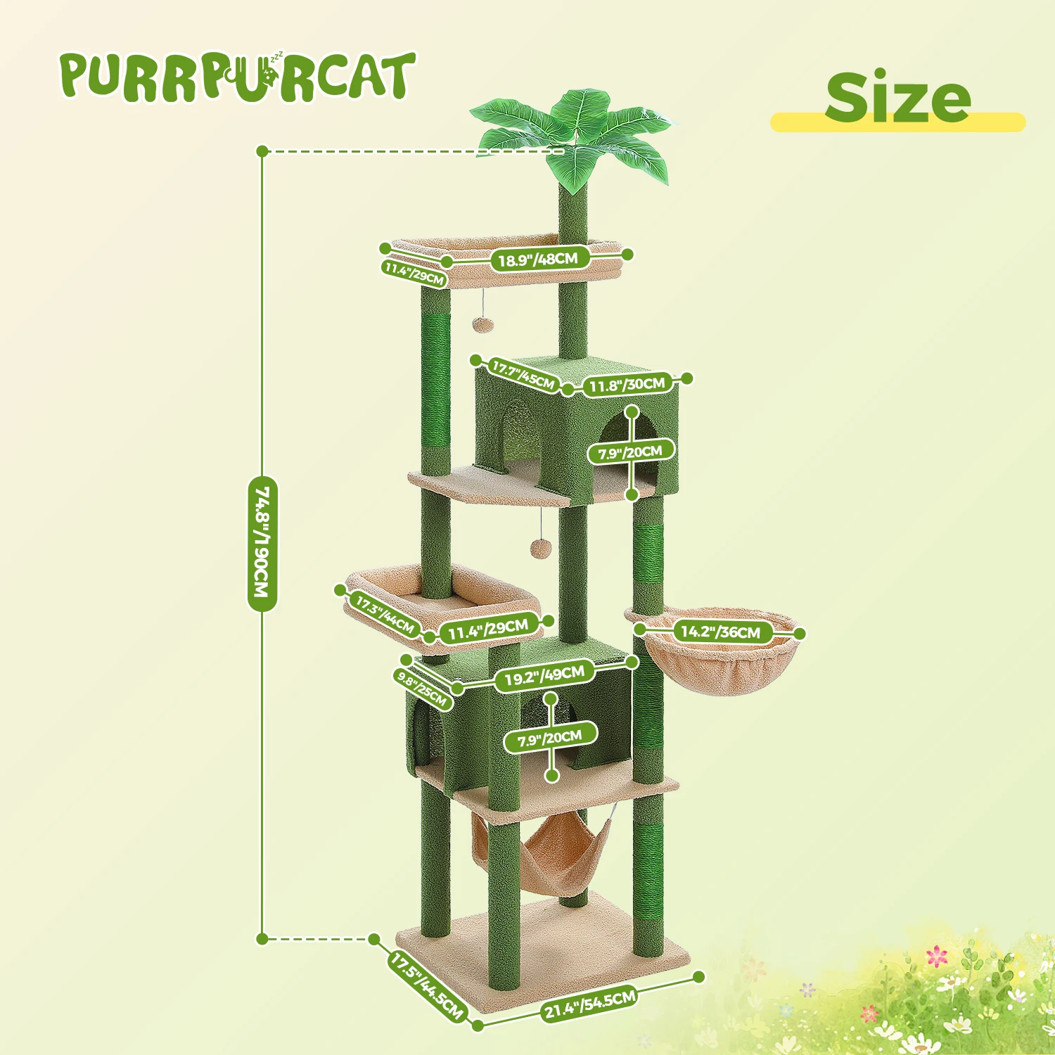 Árbol para gatos grande de 190cm, torre para gatos de 6 niveles con 2 perchas grandes, hamacas acogedoras, cuerda de sisal Natural, 2 conos de gatos, pompones para gatos de interior - imagen 2