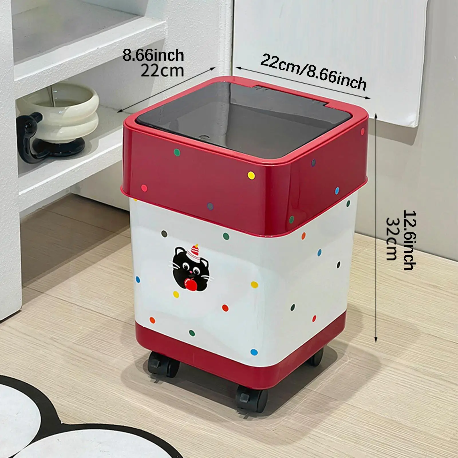 Trash Can with Wheels Garbage Bin,Sturdy Cute Waste Basket Rolling Garbage Can on Wheels for Living Room Bathroom Kids Room