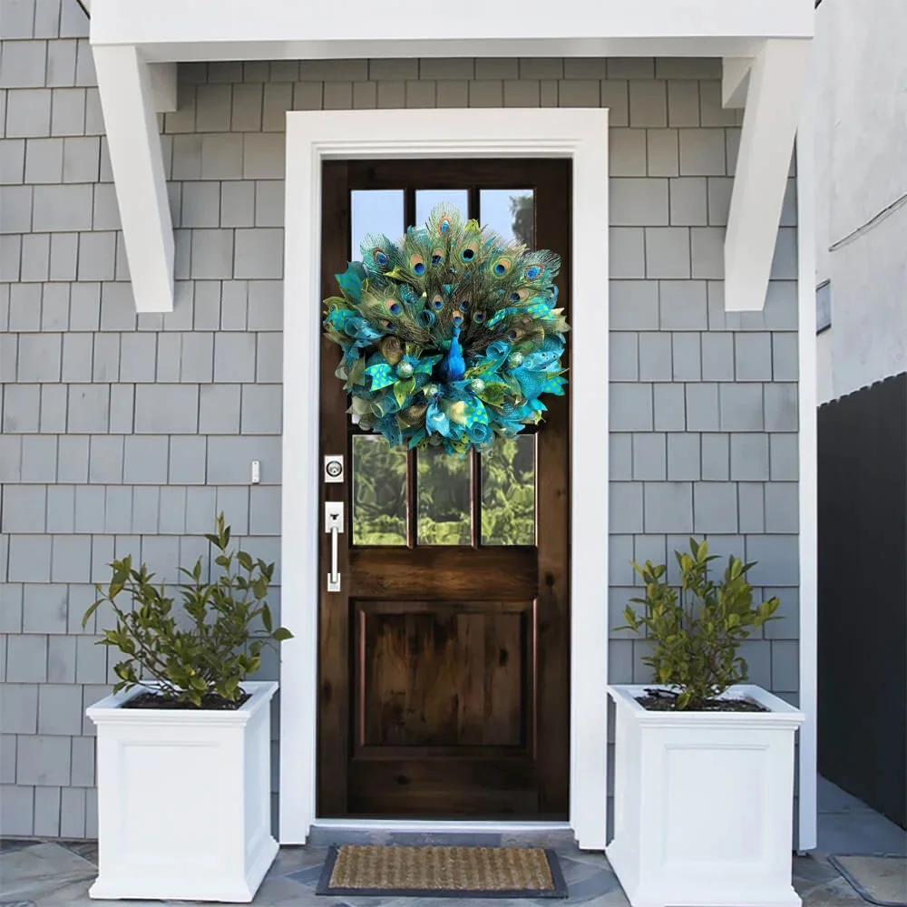 Handmake-Hermosa corona de pavo real redonda, decoración de guirnalda de malla de pavo real, VALLA DE Gardent, puerta delantera, decoración colgante para el hogar, 45cm x 45cm - imagen 5