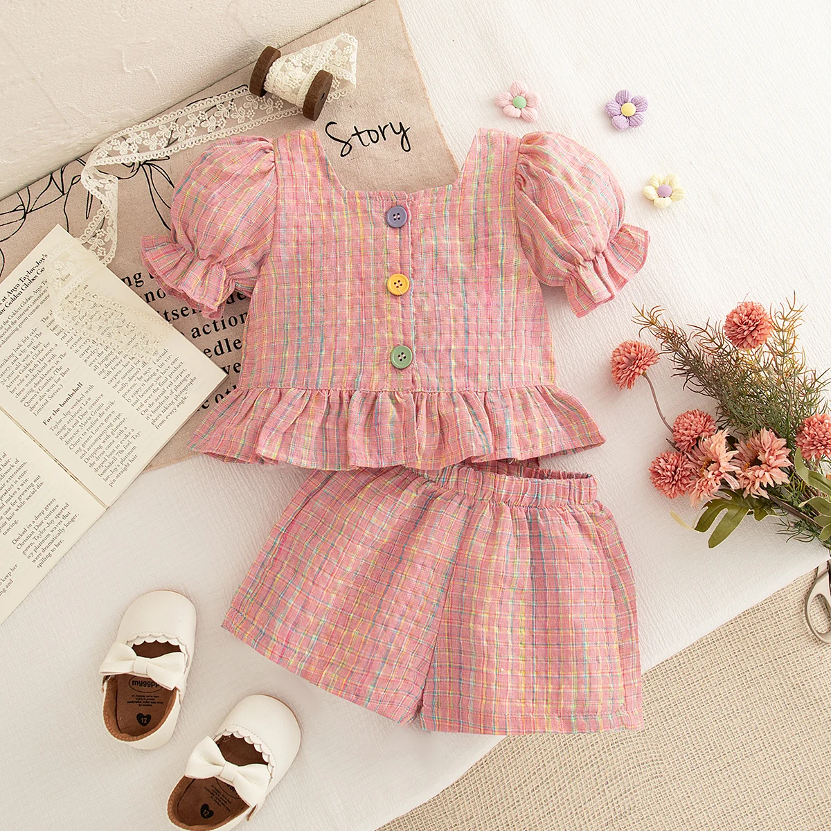 2 unid/set traje de niña de verano de algodón a cuadros con manga de burbuja traje de niña de dos piezas lindo traje Casual para bebé