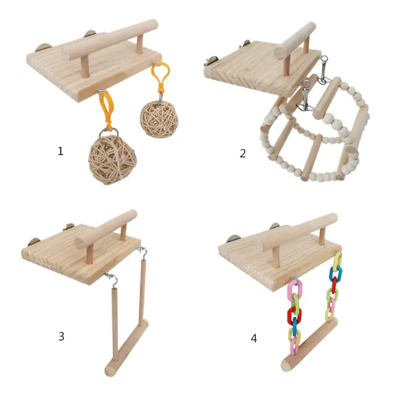 Perchas de madera para pájaros y loros, jaula de juguetes para hámster, soporte de gimnasio con trampolín de madera, juguete de combinación, columpio, accesorios de bola de ratán - imagen 2