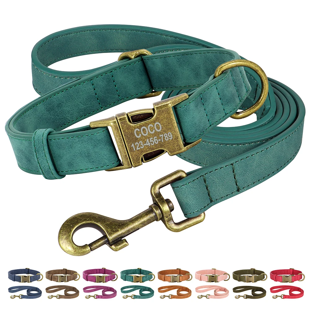 Juego de Collar y correa para perros personalizados, collares de cuero PU para perros con cuerda de plomo, hebilla de identificación grabada personalizada para perros pequeños y grandes