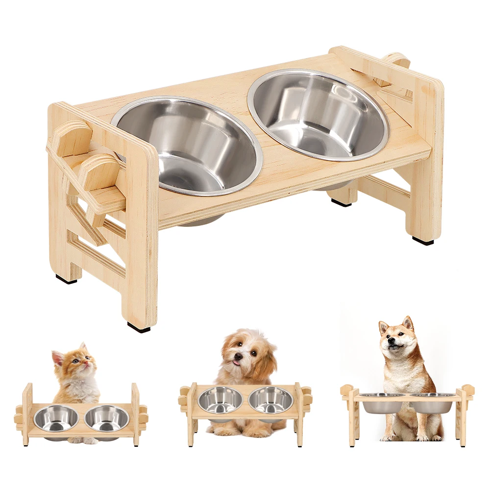 Cuencos elevados de madera ajustables para perros, gatos y cachorros