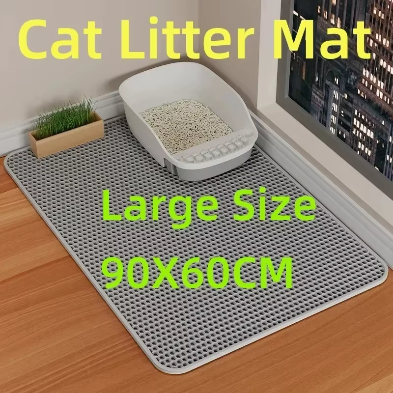 Estera Extra grande para arena de gatos, 90x60cm, impermeable, antideslizante, doble capa, Protector de suelo para mascotas lavable con arena