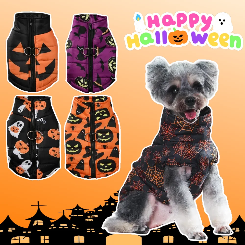Chaqueta cálida de invierno para perros pequeños y medianos, gatos con anillo en D, a prueba de viento, estampado de calabaza de Halloween, ropa para cachorros, abrigo para mascotas Schnauzer